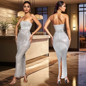 Detail view showing front slim fit and back slit design of the silver sequin evening gown