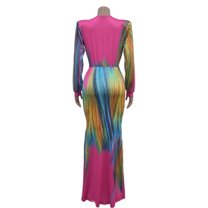 Vue détaillée du dos d'une robe longue moulante avec un imprimé abstrait coloré