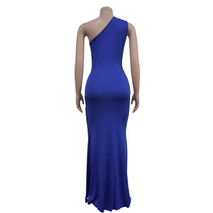 Back view of a sleek navy blue one-shoulder slim fit floor-length evening gown on a mannequin