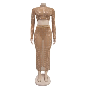 Detail of sheer mesh two-piece set featuring sparkling silver rhinestones on tan fabric