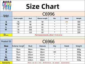 Detailed sizing chart for printed blazer showing bust and length in cm for sizes S to XXL