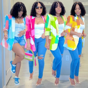 Women Fashion Abstract Print Long Sleeve Blazer Casual Slim Fit Color Block Notched Lapel Suit Jacket Outerwear For Office Party