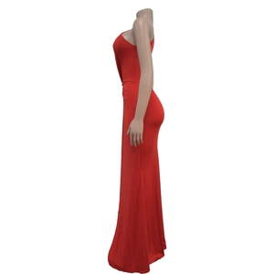 Side view of red one-shoulder fitted evening dress on mannequin with floor length cut