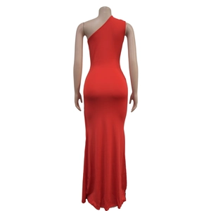 Detail view of red one-shoulder evening dress with slim fit design and fishtail hemline