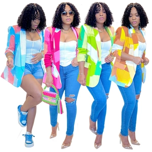 Set of women's long sleeve graffiti print blazers in colorful high-contrast patterns
