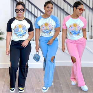 Women Casual Clothing Raglan Short Sleeve T-Shirt And Cut Out Drawstring Long Pants Lounge Wear Fashion Tracksuit For Daily