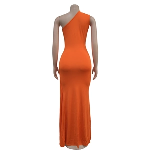 Detail view of the orange one-shoulder maxi dress with slim fit and floor-length hem