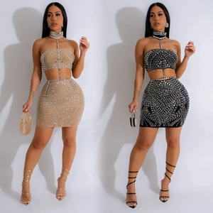 Ensemble Jupe Deux Pièces Femme Sexy Strass Crop Top Bustier Et Mini Jupe Moulante Pour Fête Club Soirée Élégante