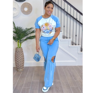 Women's blue casual two-piece set with graphic t-shirt and cutout drawstring wide-leg pants