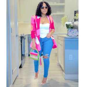 Women's slim fit blazer with pink floral print and color block patterns in modern style
