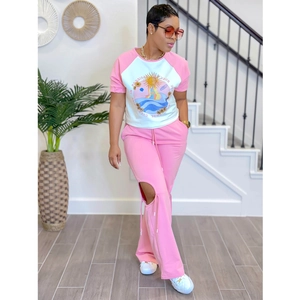 Women's two-piece casual set with pink sun print t-shirt and ripped flare pants