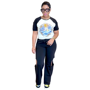 Detail of two-piece set featuring raglan sleeve T-shirt and creative cut-out pants