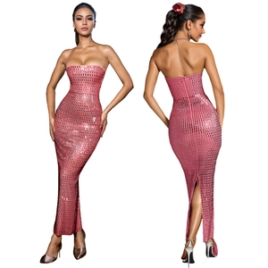 Detailed back and front view of pink sequined strapless bodycon maxi dress with back slit