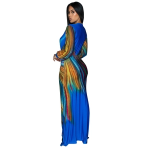 Détail de la robe longue bleu roi avec imprimés abstraits plumes colorées dans le dos