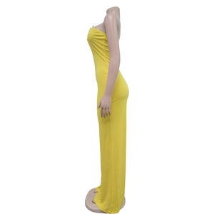 Detailed side view of yellow strapless slim fit tube maxi dress on a mannequin