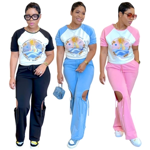 Women's 2-piece printed t-shirt and wide-leg pants set in black, blue and pink colors
