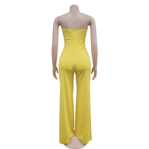 Back view of yellow strapless wide-leg jumpsuit showing the zipper closure on mannequin