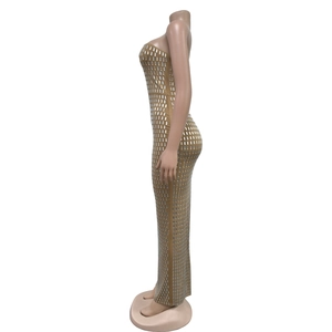 Detail of khaki bodycon maxi dress featuring sparkling silver rectangular sequins