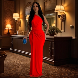 Elegant bright red one-shoulder evening gown with waist pleats and slim-fit floor-length cut