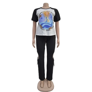 Detail view of hollow-out drawstring design and sun wave print on casual two-piece set
