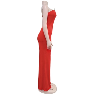 Detailed side view of a red tube-top slim fit maxi dress with high-elastic fabric