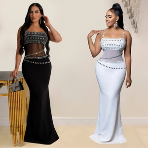 Elegant Women's Rhinestone Mesh Patchwork Mermaid Evening Dress Slim Fit Sleeveless Spaghetti Strap Maxi Gown For Wedding Party