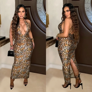 Robe longue sexy à imprimé léopard avec dos nu, fente arrière et décolleté en V
