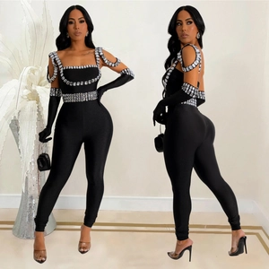 Women Sexy Rhinestone Jumpsuit Set With Gloves Backless Bodycon Slim Fit Romper For Party Clubwear Stage Performance Black