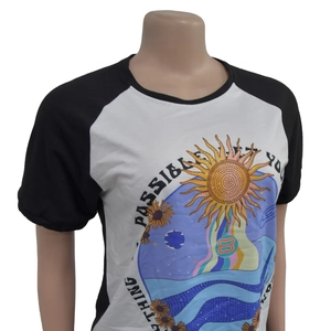 Detail view of raglan sleeve t-shirt with colorful sun and sunflower graphic print