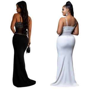 Elegant spaghetti strap floor-length mermaid dress with sparkling rhinestones in black and white
