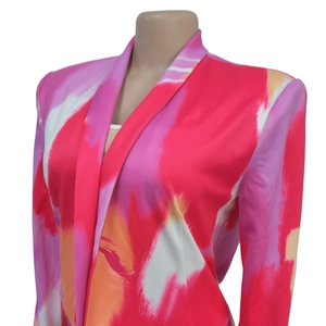 Detail of colorful abstract print on long-sleeved open-front blazer for women
