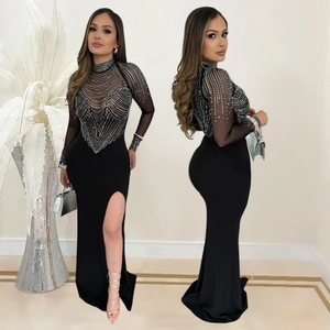 Elegant Black Mesh Rhinestone Long Sleeve Bodycon Maxi Dress For Women Sexy High Slit Evening Party Club Nightwear