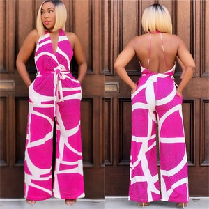 Women's sleeveless V-neck jumpsuit with abstract geometric print and wide leg style