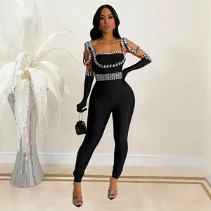 Sleeveless black slim jumpsuit for women featuring elegant rhinestone cutouts and gloves
