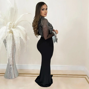 Elegant black rhinestone mesh long dress with slim fit fishtail design for women