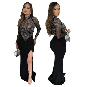 Elegant black mesh long sleeve maxi dress with rhinestone patterns and high slit detail