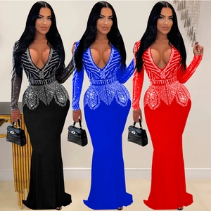 Robe Maxi Élégante À Col En V Pour Femmes Avec Strass Forage À Chaud Manches Longues Coupe Ajustée Sirène Pour Fête Mariage