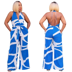 Detailed back and front views of blue and white geometric print sleeveless jumpsuit