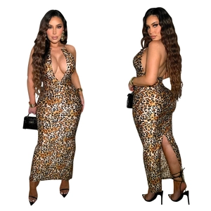 Robe longue léopard avec décolleté en V profond, dos nu et coupe ajustée élégante