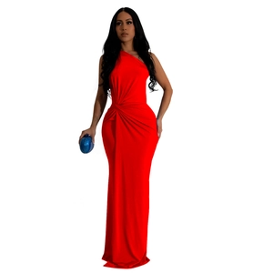 Detail view of red one-shoulder evening dress featuring pleated waist and side slit