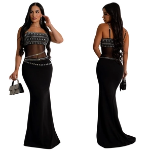 Detail of black rhinestone evening dress showing mesh waist panels and sequin patterns