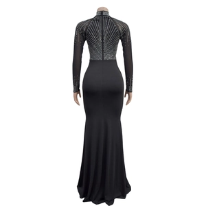 Close-up of the back view showing sparkling silver rhinestones on black mesh dress