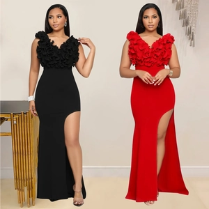 Abito Maxi Donna Elegante Scollo a V Senza Maniche Con Volant Spacco Alto Vestibilità Slim Bodycon Fishtail Abito Formale