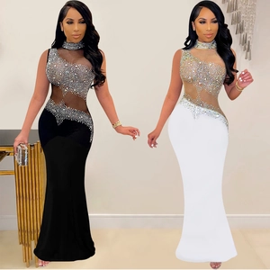 Women Sexy Rhinestone Mesh Patchwork Sleeveless High Neck Evening Gown Mermaid Maxi Dress Elegant Banquet Party Clubwear Dress