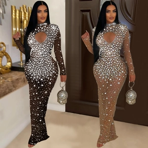 Women Sexy Rhinestone Mesh Sheer Maxi Dress Elegant Long Sleeve Hollow Out High Neck Bodycon Evening Party Gown