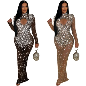 Elegant long sleeve mesh maxi dress with rhinestones and keyhole cutout detail