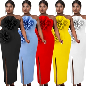 Elegant strapless tube dress with 3D floral petals and high side slit in five vibrant colors