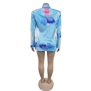 Detailed back view of a blue abstract print blazer with tailored fit on a mannequin