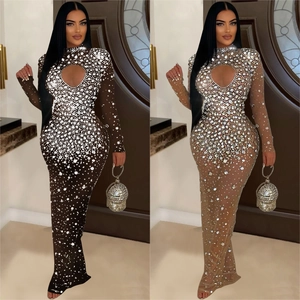 Elegant rhinestone bodycon maxi dress with chest cutout and high neck for party