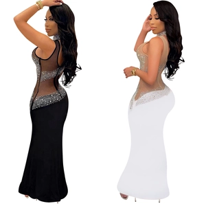 Elegant mermaid evening dress with rhinestone mesh top and solid floor-length skirt